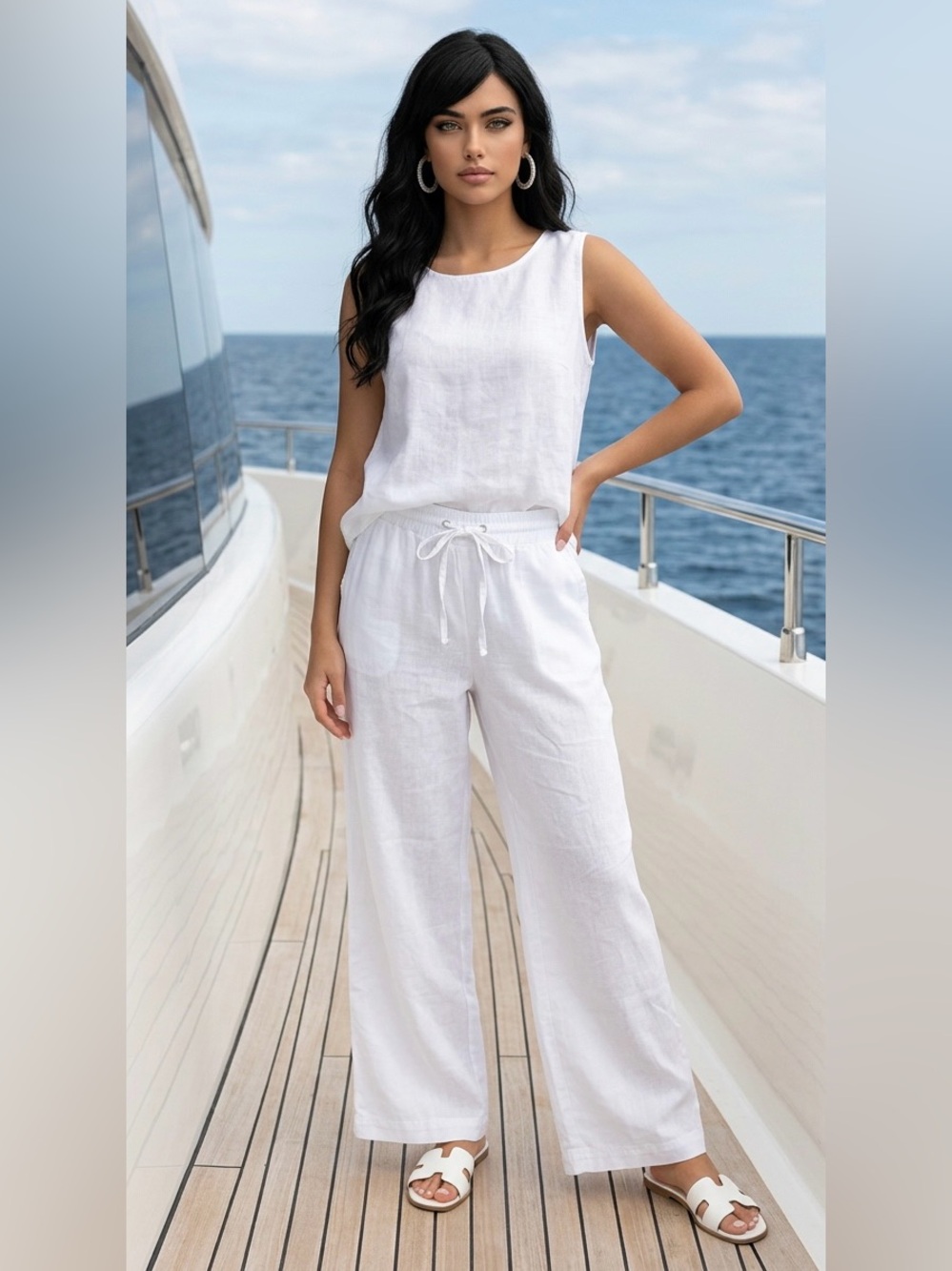 INC International Concepts White Linen Wide Leg Pants Rhinestones Size 14 NWOT